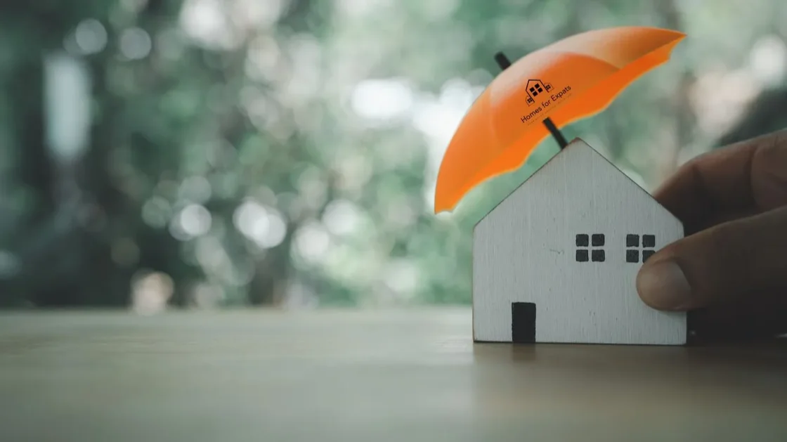 A Homes for Expats umbrella sheltering a small wooden house, representing housing support for DAFT visa holders